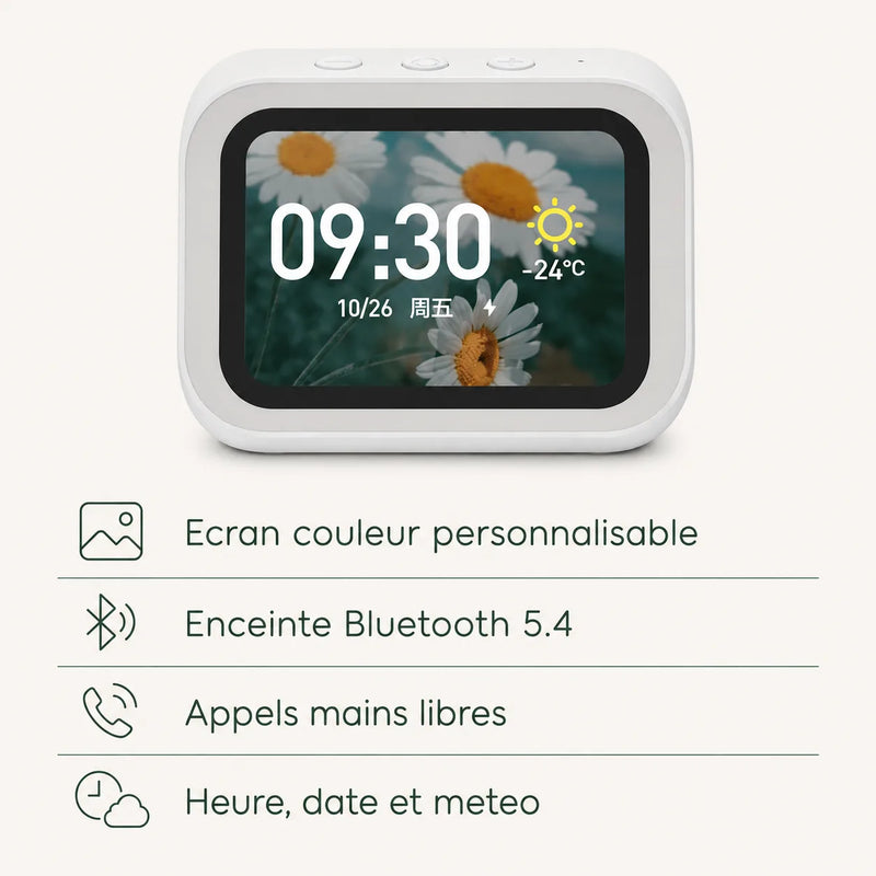 Fiche technique visuelle du réveil enceinte, écran couleur personnalisable, Bluetooth 5.4, appels mains libres et affichage météo