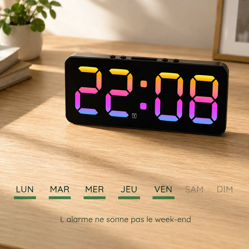 Les quatre modes d'alarme du réveil présentés comme une semaine, du lundi au vendredi actifs et le week-end éteint