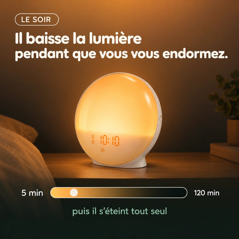 Simulateur de coucher de soleil Horizon : la lumière baisse de 5 à 120 minutes puis s'éteint, Tendre Veilleuse