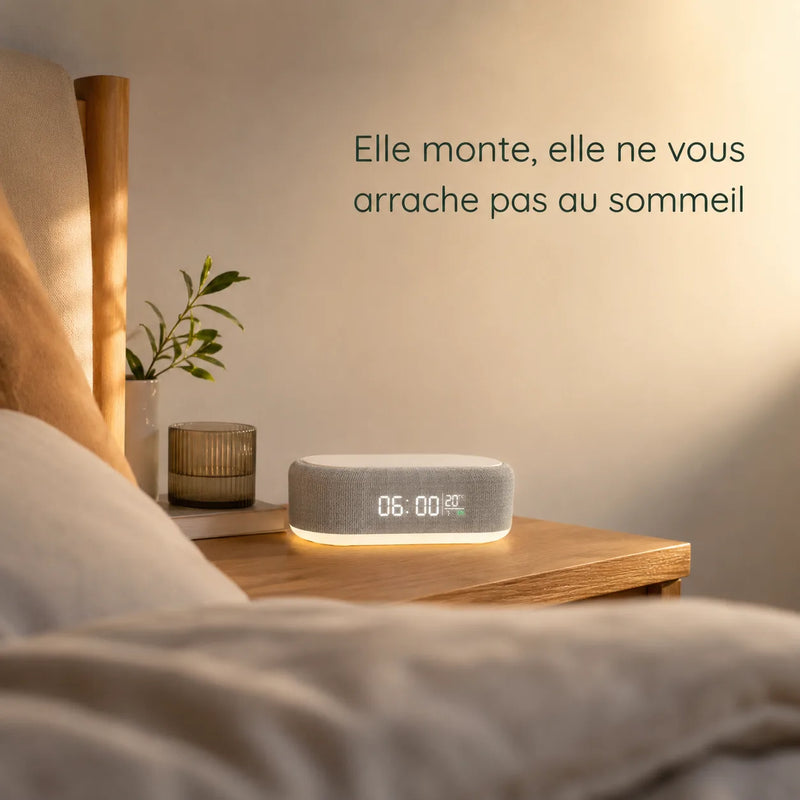 Chambre au petit matin avec une lumière douce, illustrant une sonnerie qui monte progressivement au lieu de réveiller en sursaut