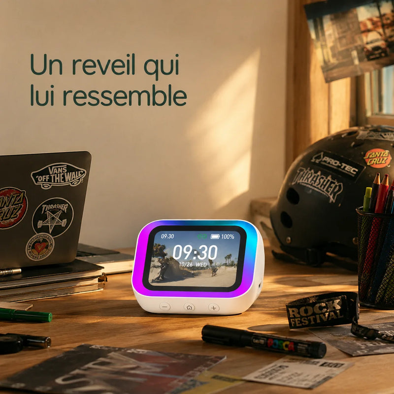 Bureau d'adolescent avec le réveil enceinte affichant une photo personnelle parmi ses affaires