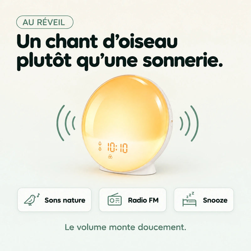 Réveil Horizon avec sons nature, radio FM et snooze pour se réveiller sans sonnerie stridente, Tendre Veilleuse