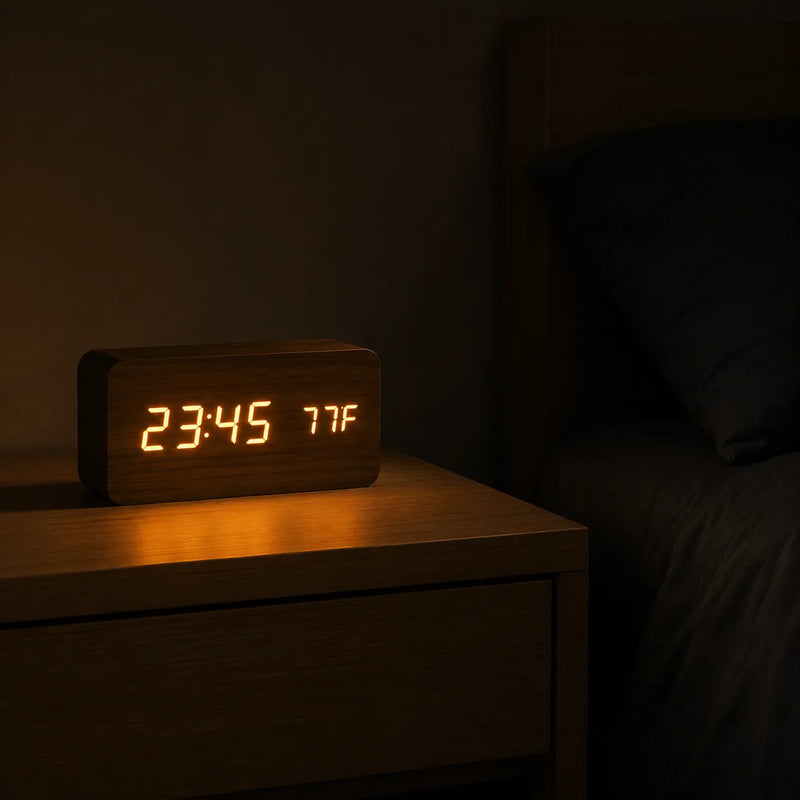 La lueur ambrée du réveil bois éclairant seule une table de chevet dans une chambre plongée dans le noir