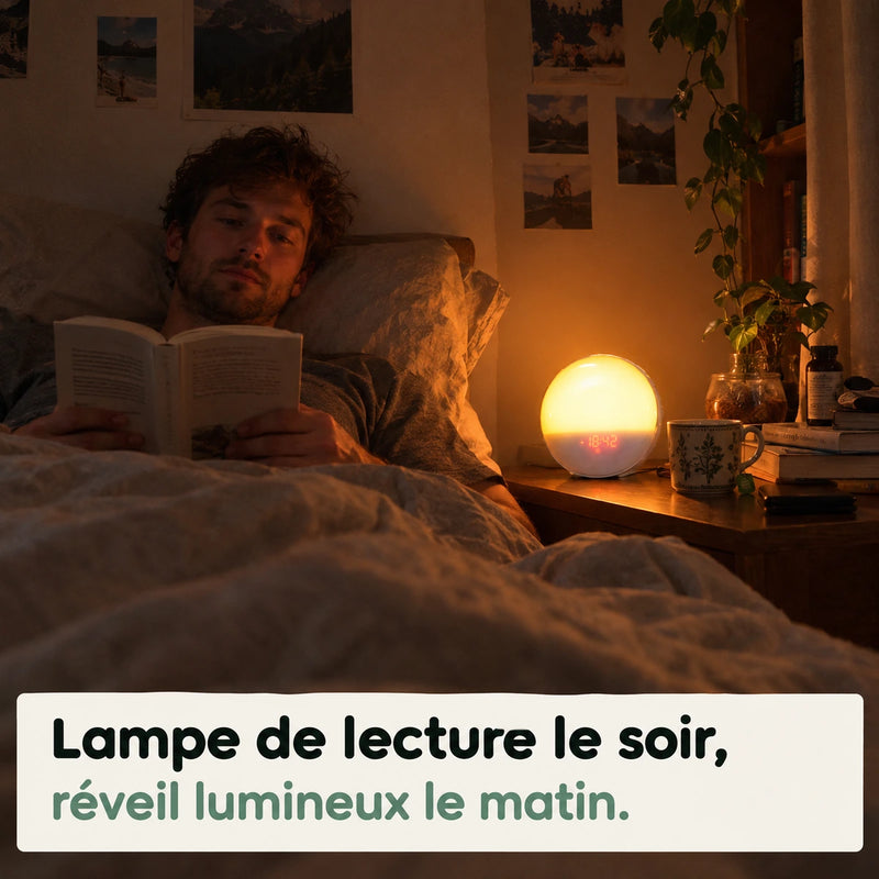 Lampe de lecture le soir et réveil lumineux le matin : Horizon allumé sur la table de nuit, Tendre Veilleuse