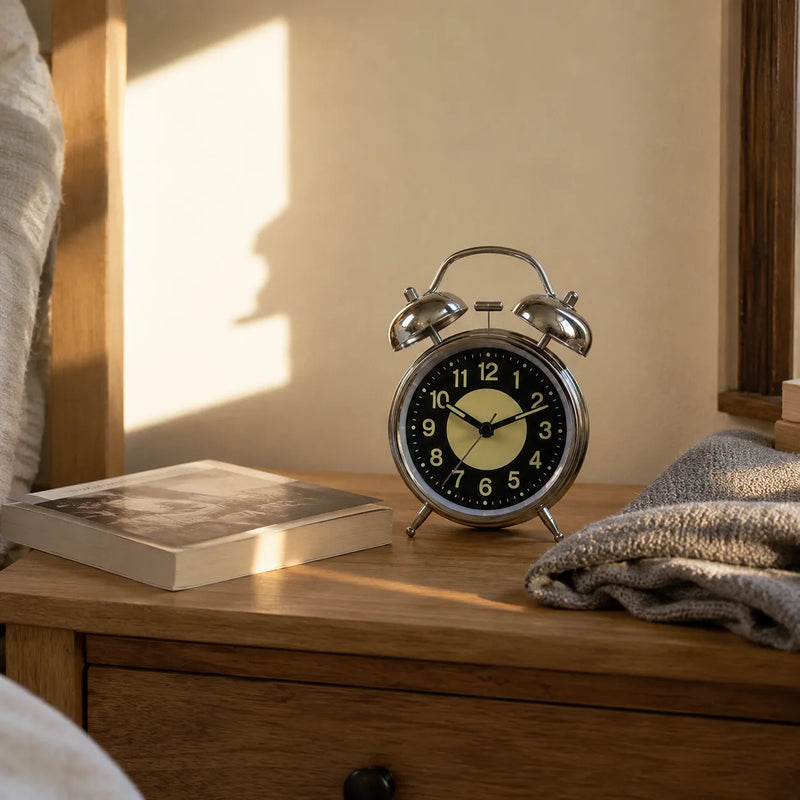 Le réveil à double cloche posé sur une table de chevet en bois à côté d'un livre, dans une chambre en fin de journée