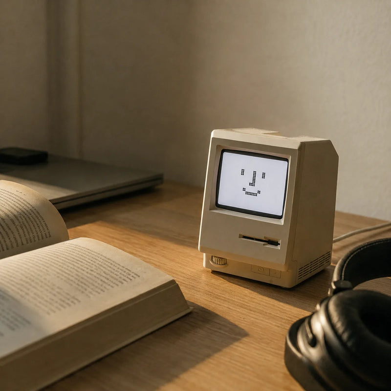 Le réveil rétro posé sur un bureau en bois à côté d'un livre ouvert, dans une lumière de fin de journée