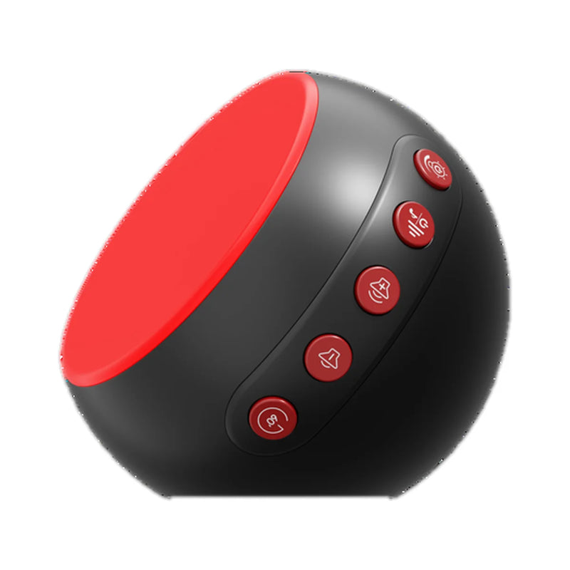 Veilleuse bruit blanc lumière rouge 630 nm allumée sur fond blanc, sphère noire et cinq boutons