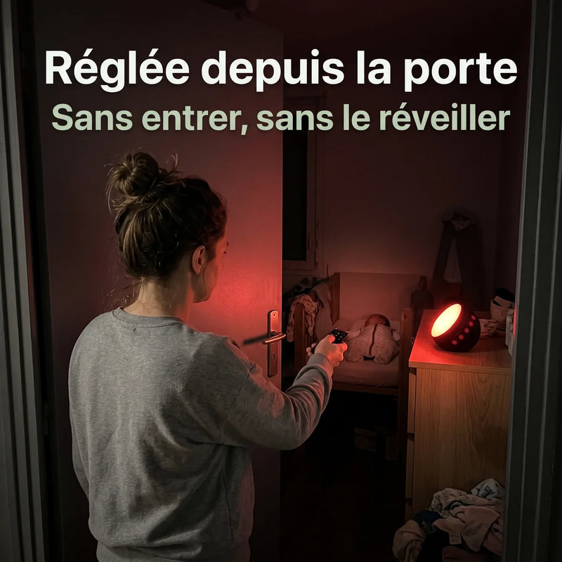 Télécommande de la veilleuse rouge : une maman règle le son depuis la porte de la chambre de bébé, Tendre Veilleuse