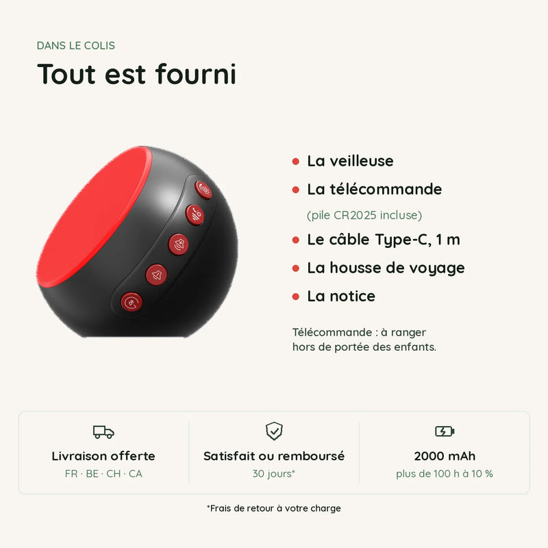 Contenu du colis de la veilleuse bruit blanc lumière rouge : télécommande, câble Type-C, housse et notice