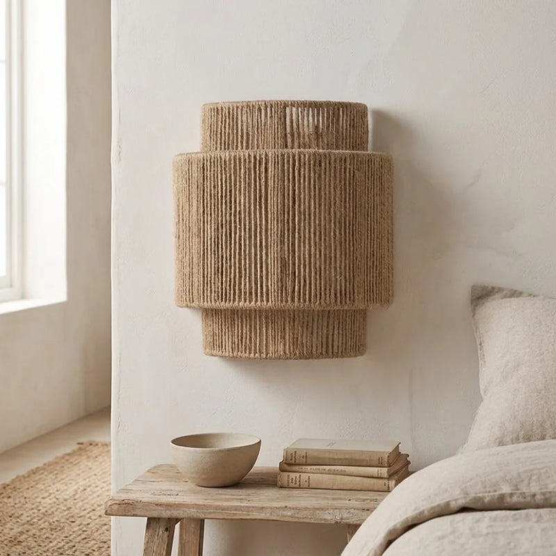 Applique murale en rotin naturel fixée sur mur clair, éteinte, dans une chambre bohème minimaliste éclairée en lumière naturelle de jour — Tendre Veilleuse