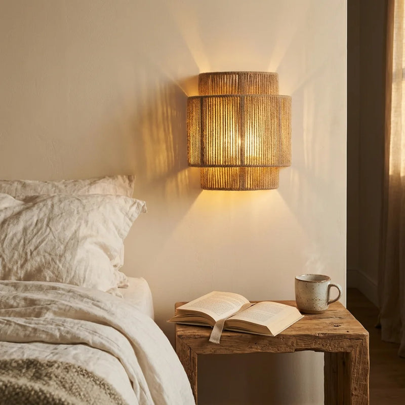 Applique murale en rotin fixée au-dessus d'une table de chevet en bois brut, draps en lin blanc cassé froissé, livre et tasse, ambiance cocon de fin de journée — Tendre Veilleuse