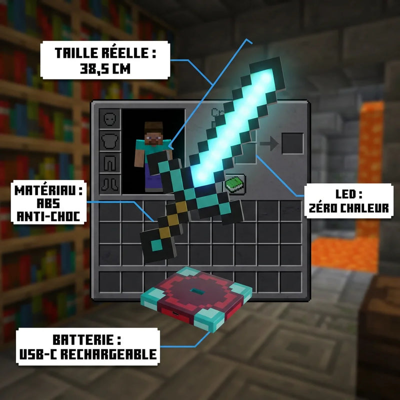 Infographie des caractéristiques de la veilleuse rechargeable Minecraft : taille de 38 cm, câble USB type-C, batterie rechargeable et éclairage LED zéro chaleur.
