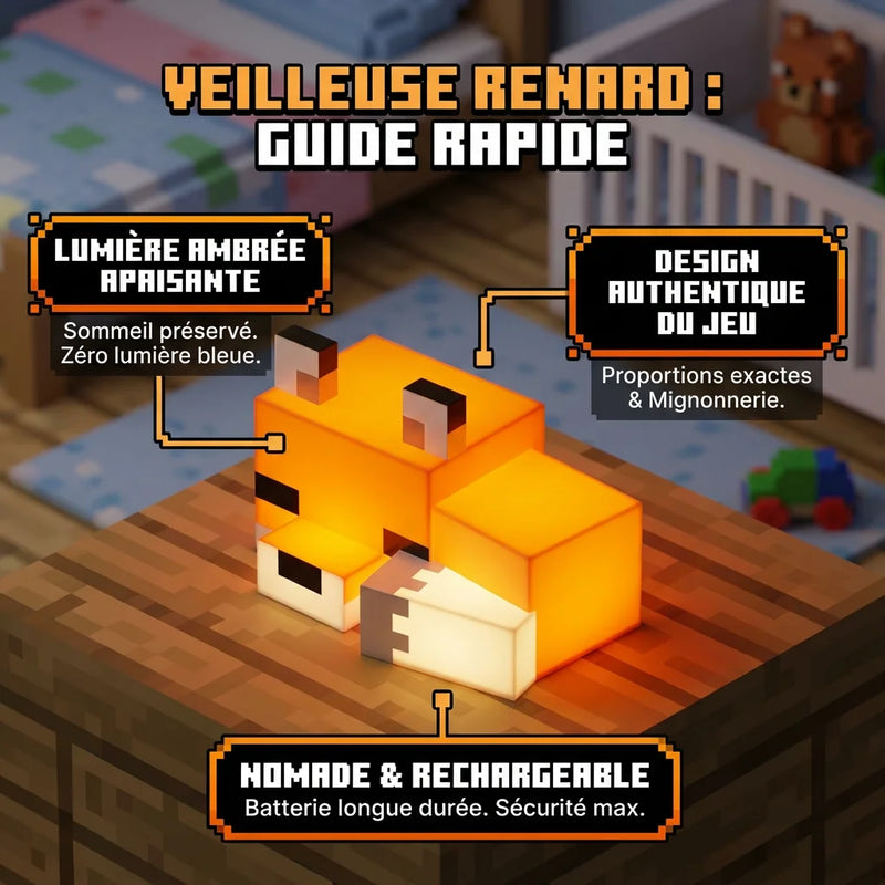 Infographie 3D des caractéristiques de la lampe de chevet Minecraft : format de veilleuse nomade, design pixelisé et éclairage LED.