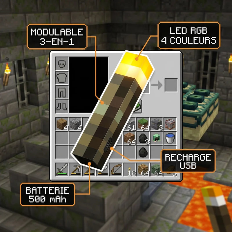 Infographie technique de la lampe torche Minecraft : conception modulable 3-en-1, batterie 500 mAh rechargeable par USB et LED RGB 4 couleurs.