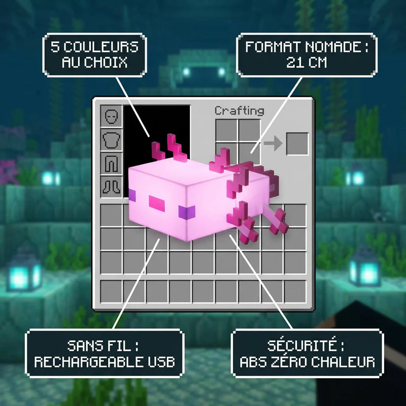 Infographie de la veilleuse nomade Axolotl : 5 couleurs d'éclairage au choix, format compact de 21 cm, batterie rechargeable sans fil et sécurité LED zéro chaleur.
