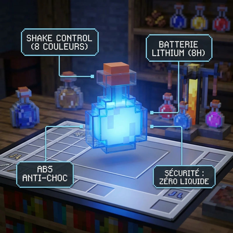 Infographie technique de la veilleuse potion Minecraft : technologie shake control 8 couleurs, batterie 8h sans fil et sécurité zéro liquide.