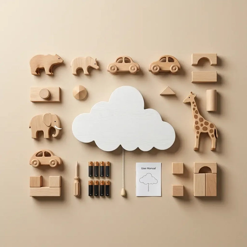 Vue à plat (flat lay) du kit complet de la veilleuse murale Nuage en bois blanc, incluant piles, manuel d'utilisation, tournevis et jouets en bois assortis - Tendre Veilleuse