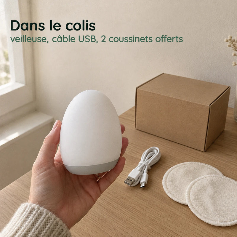 Contenu du colis de la veilleuse maternité oeuf : veilleuse en main, câble USB et 2 coussinets offerts, Tendre Veilleuse