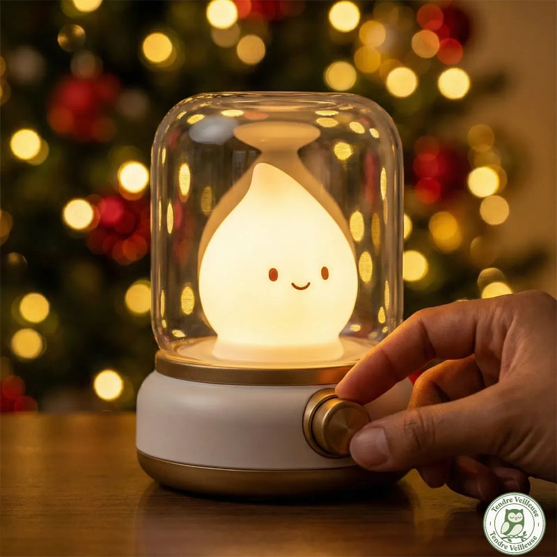 Détail bouton rotatif dimmable de la Veilleuse de Nuit Bougie LED rechargeable, réglage intensité continu, batterie 800mAh, Tendre Veilleuse