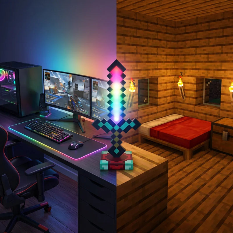 Transition magique entre un bureau et l'univers Minecraft éclairée par la lampe LED sans fil Minecraft, offrant un éclairage LED immersif.