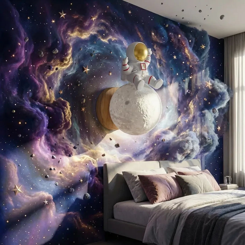 Chambre moderne décorée d'un papier peint panoramique galaxie violet et bleu, avec veilleuse murale astronaute installée en tête de lit au-dessus des oreillers