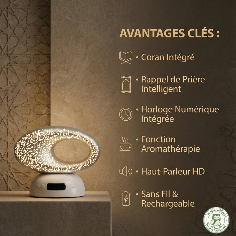 Infographie avantages diffuseur coranique : Coran intégré, aromathérapie, rappel prière Azan et haut-parleur HD sans fil.
