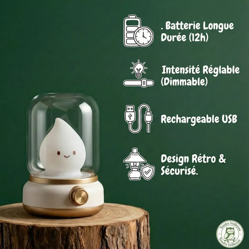 Veilleuse de Nuit Bougie LED allumée ambiance nocturne, lumière chaude douce 800mAh 12h autonomie, cloche transparente flamme silicone, Tendre Veilleuse