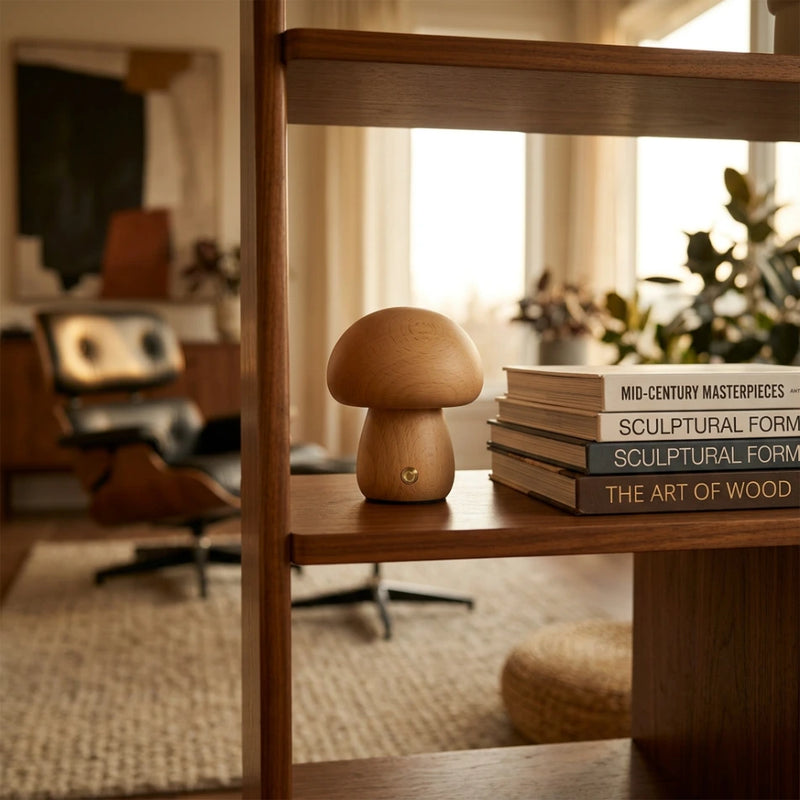 Lampe champignon bois massif hêtre sans fil posée sur bibliothèque salon scandinave, usage décoratif portable — Tendre Veilleuse