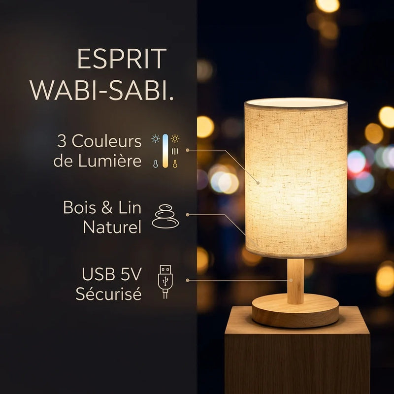 Infographie lampe de chevet bois bambou lin USB 5V esprit wabi-sabi 3 températures de lumière — Tendre Veilleuse