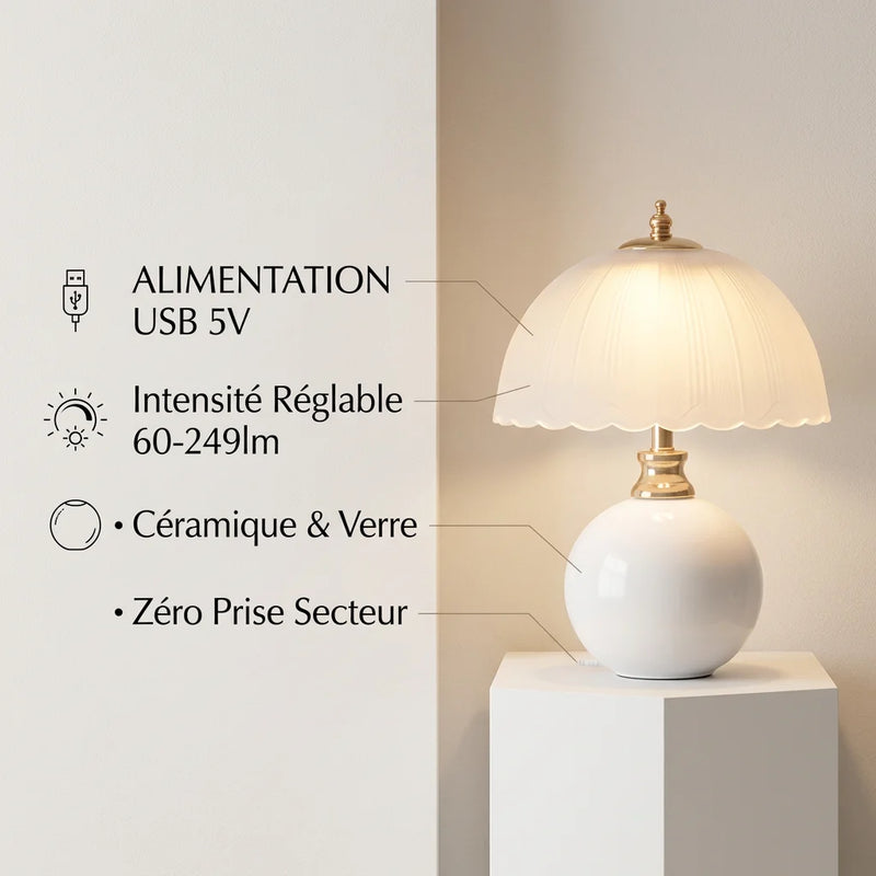 Infographie lampe de chevet céramique blanche verre USB, alimentation USB 5V intensité réglable 60 à 249 lumens céramique et verre zéro prise secteur, fond beige épuré — Tendre Veilleuse