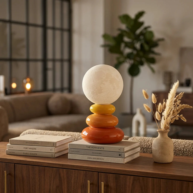 Lampe de chevet céramique lune LED orange posée sur crédence noyer dans salon contemporain, éteinte en lumière naturelle, sculpture stomatolite organique avec livres et vase — Tendre Veilleuse