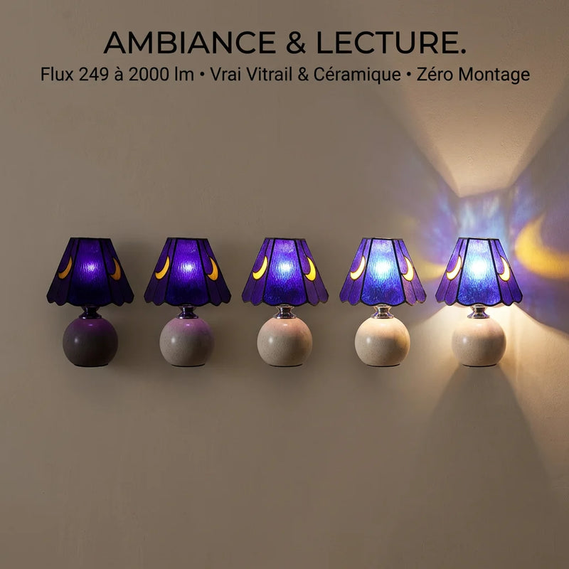 Infographie lampe de chevet céramique vitrail violet, cinq lampes démontrant le flux lumineux 249 à 2000 lumens, ambiance et lecture sur mur texturé — Tendre Veilleuse