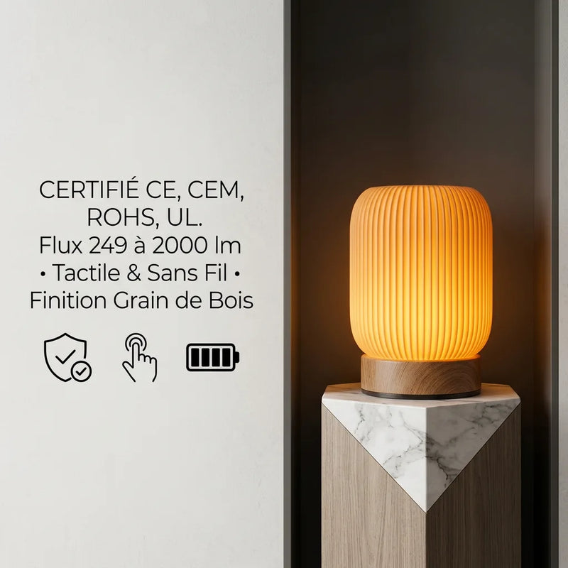 Lampe de chevet grain de bois infographie 4 certifications CE CEM RoHS UL flux lumineux 249 à 2000 lm tactile sans fil — Tendre Veilleuse