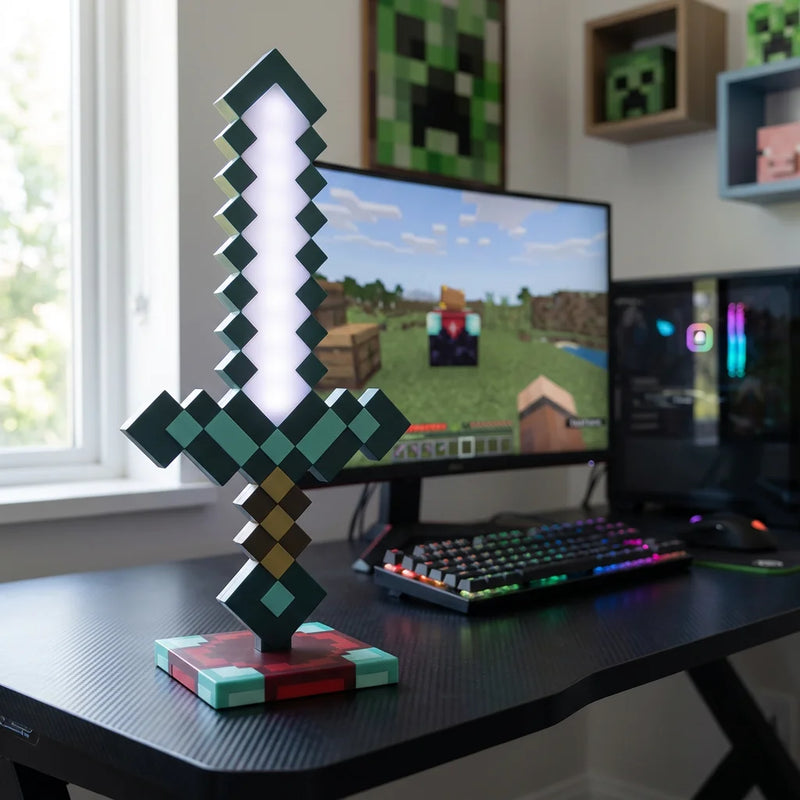 Lampe de bureau gamer sur un setup moderne, une lampe décorative Minecraft parfaite pour créer une ambiance unique.