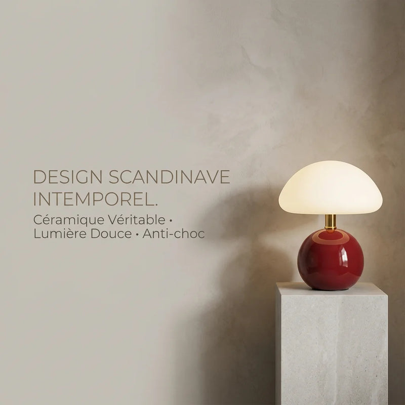 Lampe de chevet céramique champignon rouge vin allumée, texte overlay : Design Scandinave Intemporel, Céramique Véritable, Lumière Douce, Anti-choc — Tendre Veilleuse