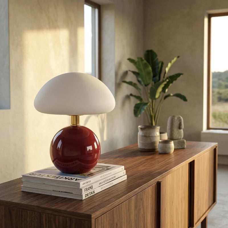 Lampe de chevet céramique champignon rouge vin éteinte comme sculpture décorative sur bureau en noyer, ambiance wabi-sabi golden hour — Tendre Veilleuse