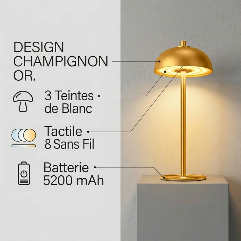Infographie lampe de chevet tactile champignon dorée sans fil :
design or, 3 teintes de blanc, batterie 5 200 mAh, tactile
— Tendre Veilleuse