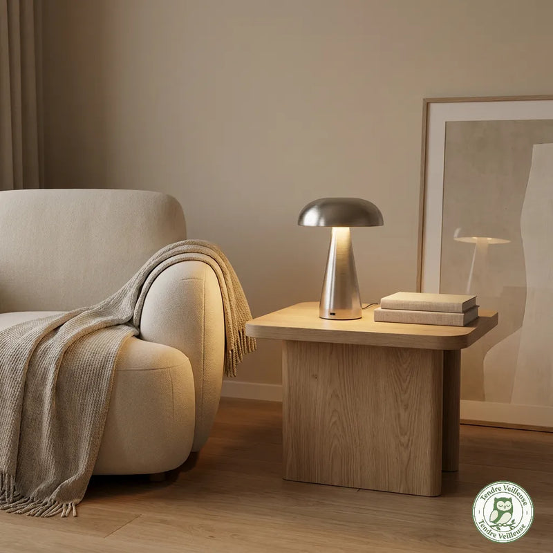 Lampe de chevet tactile champignon métal argent posée sur
table basse en bois naturel, lumière chaude allumée,
ambiance salon avec fauteuil beige — Tendre Veilleuse