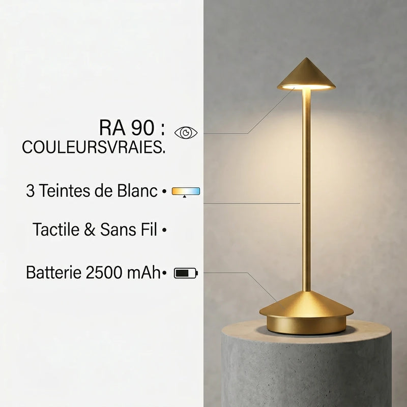 Infographie lampe de chevet tactile sans fil aluminium : Ra 90
couleurs vraies, 3 teintes de blanc, batterie 2 500 mAh —
Tendre Veilleuse