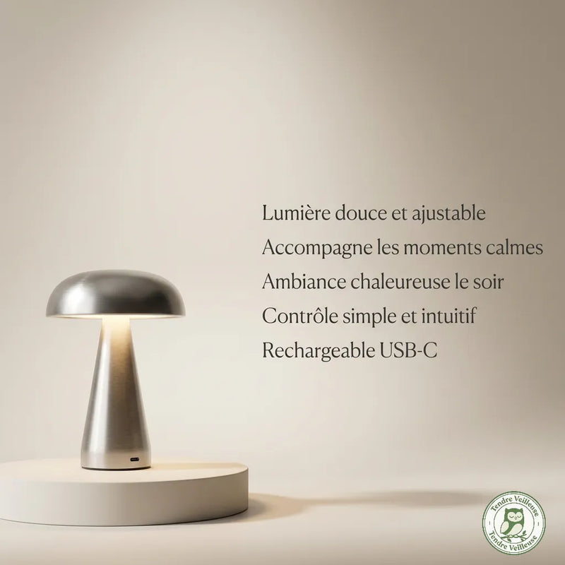Lampe de chevet tactile sans fil champignon métal argent
rechargeable USB-C, 3 niveaux de lumière ajustables,
fond beige — Tendre Veilleuse