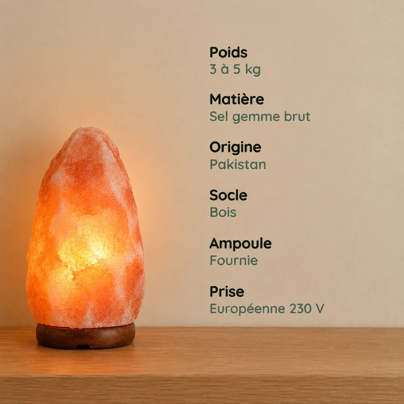 Lampe de sel allumée et ses caractéristiques : 3 à 5 kg, sel gemme du Pakistan, socle bois – Tendre Veilleuse