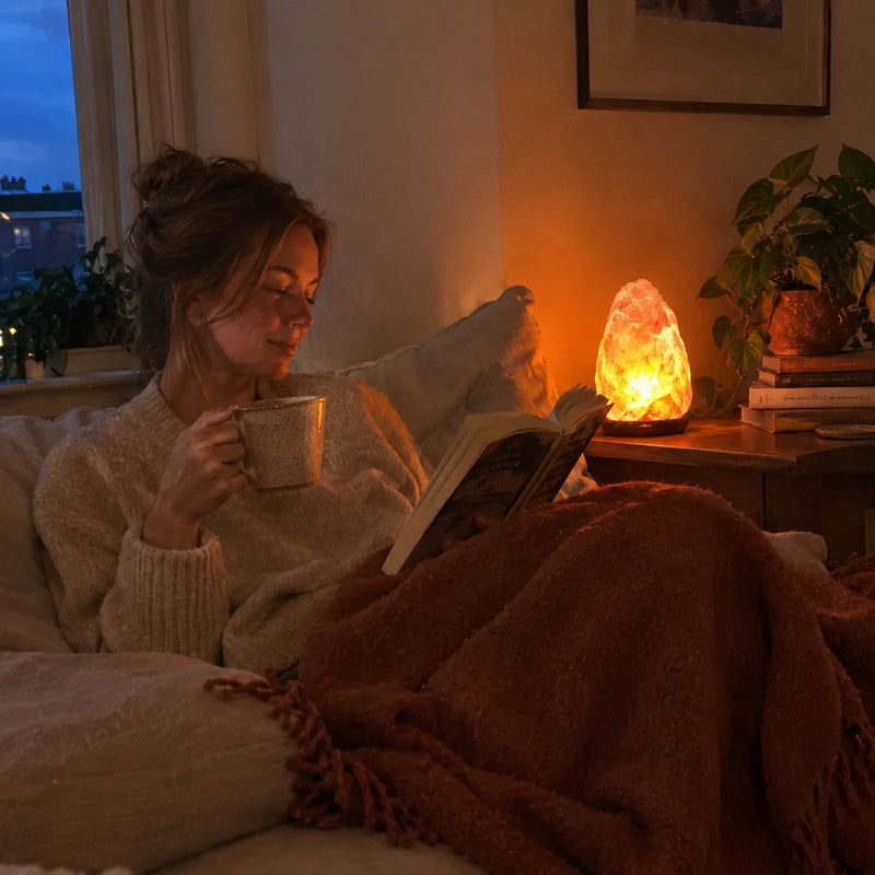Lampe de sel de l'Himalaya allumée près d'une femme qui lit sur le canapé le soir – Tendre Veilleuse