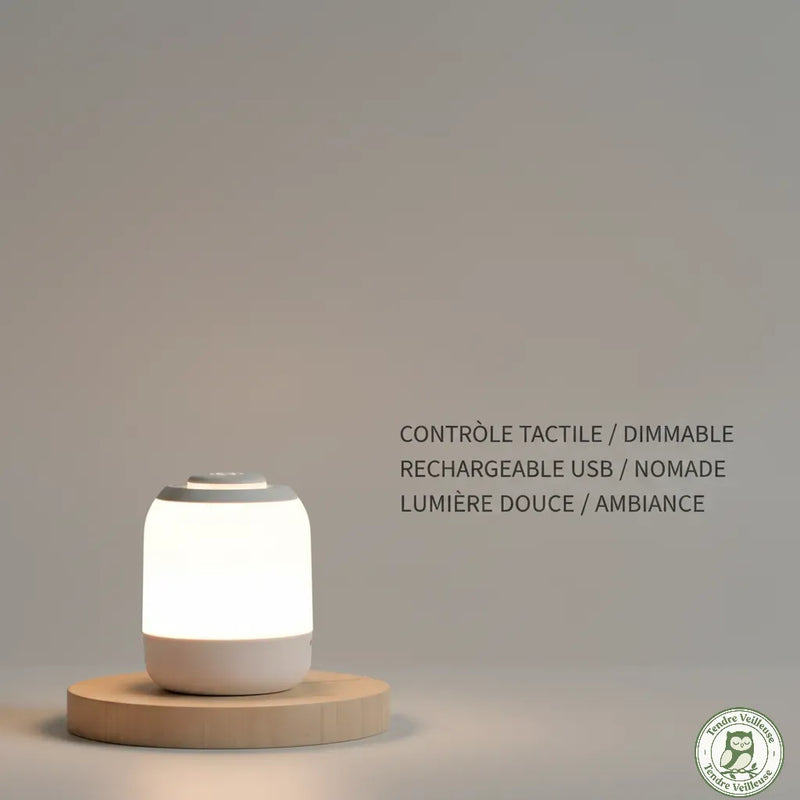 Infographie de la lampe LED rechargeable sans fil avec gradateur, recharge USB et lumière réglable