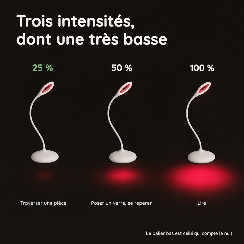 Les trois intensités de la lampe lumière rouge, 25 %, 50 % et 100 %, pour traverser une pièce, se repérer ou lire