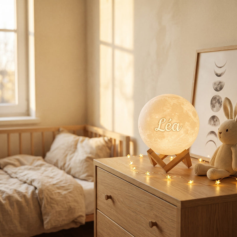 Lampe lune personnalisée dans une chambre en journée