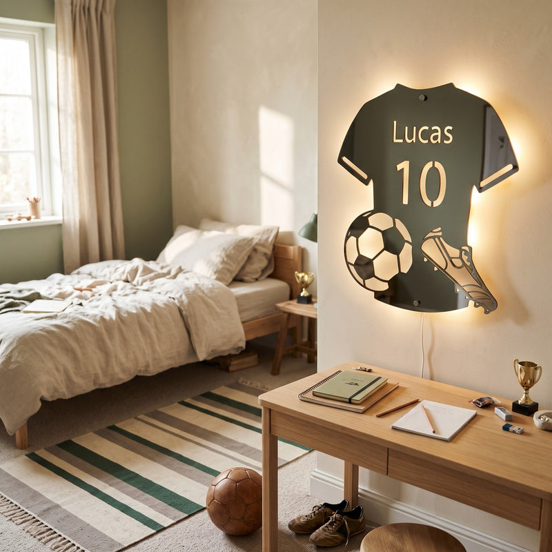 Lampe maillot de foot personnalisée dans une chambre en journée