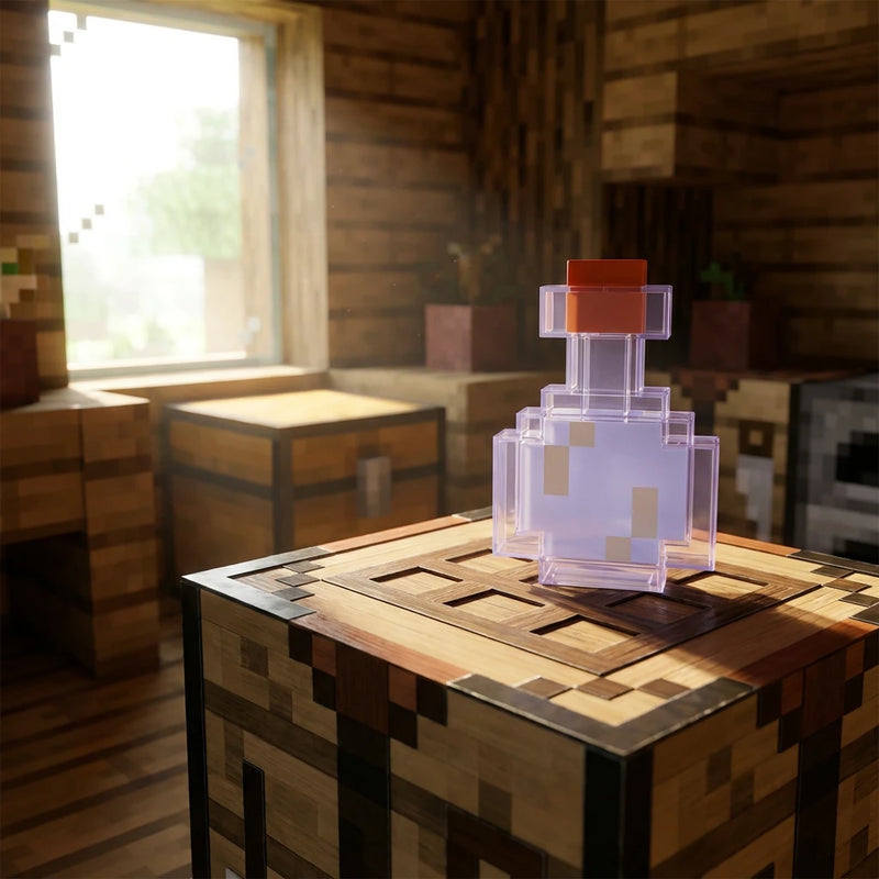 Lampe potion Minecraft éteinte posée sur une table de craft, réplique fidèle en blocs pour la décoration d'un setup gamer.