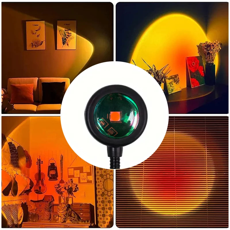 Collage montrant 4 idées de décoration avec la lampe projection coucher de soleil : ambiance salon, coin fleuri, chambre et effet artistique sur stores. Zoom central sur la lentille LED de haute qualité.