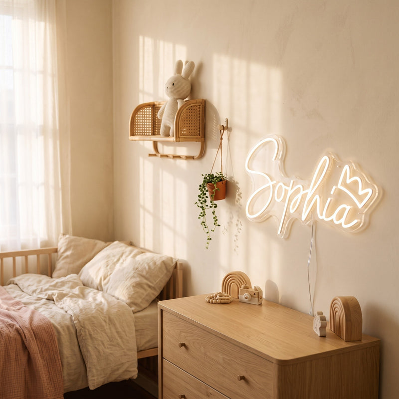 Néon prénom personnalisé dans une chambre en journée