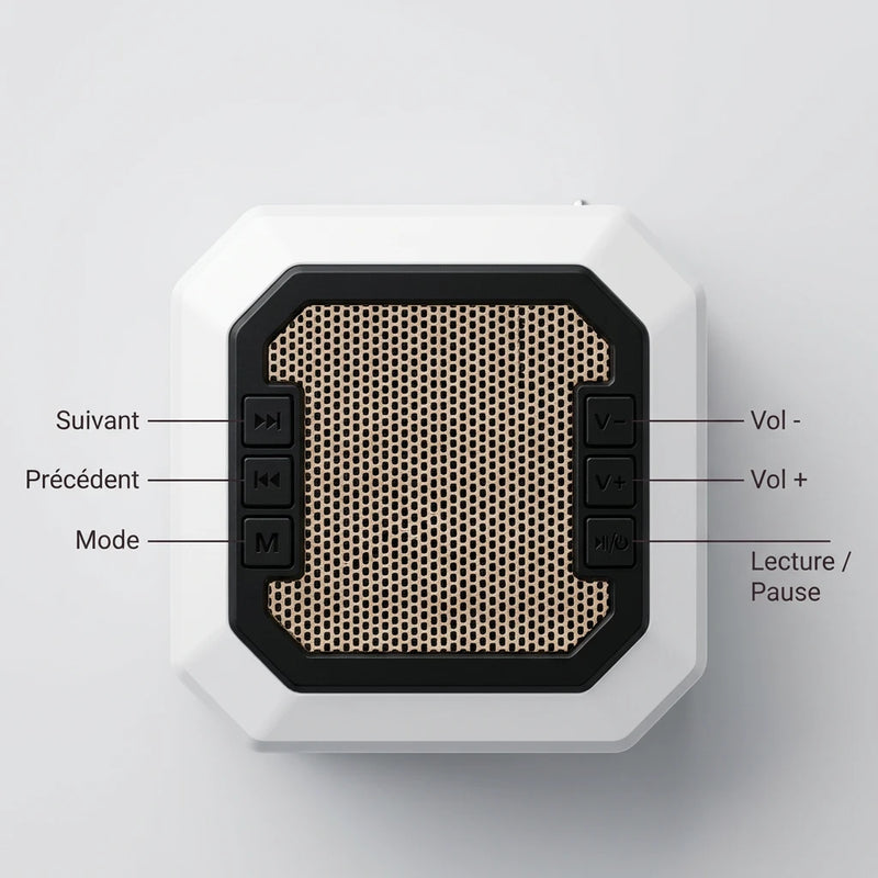 Vue de dessus détaillée du panneau de contrôle Azan-Box : grille de haut-parleur HD et boutons physiques explicites (Volume, Lecture, Mode) pour une utilisation manuelle.
